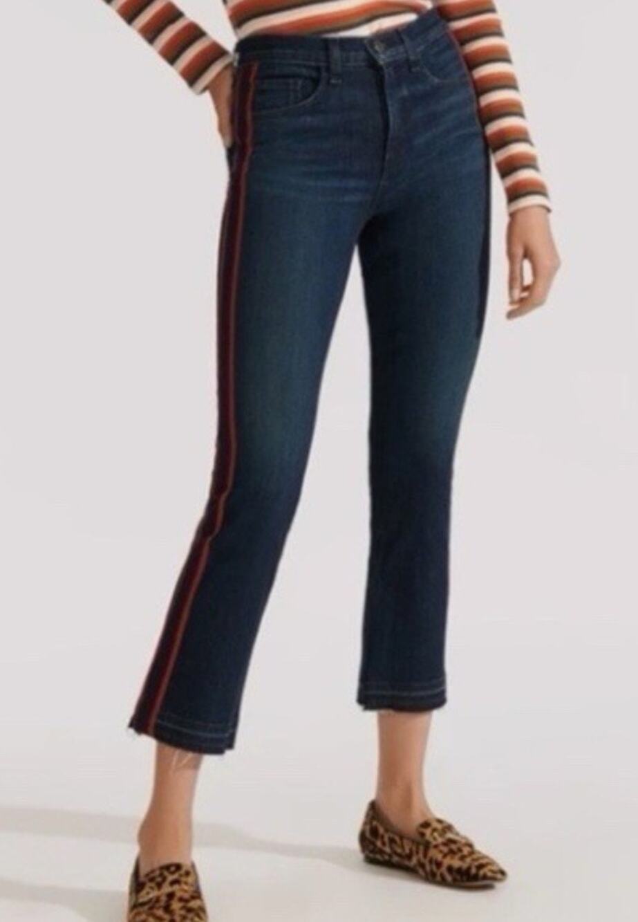 Veronica Beard Blue Jean Carolyn Crop Baby Boot Tux Stripe Button Fly Sz 25 New